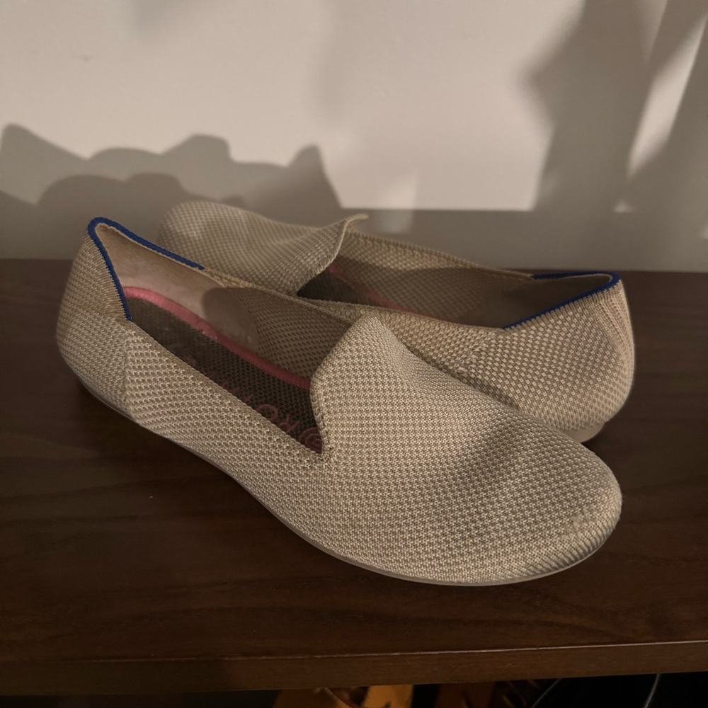 Rothy’s The Loafer Double Stitch Linen Womens 5.5 Beige Khaki Knit Slip On Flats